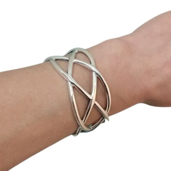 Vintage 925 Sterling Silver Wide Woven Celtic Knot Cuff Bracelet - Picture 2 of 8